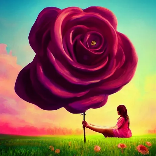 Prompt: giant rose flower as a head, full body girl sitting in a flower field, surreal photography, sunrise, dramatic light, impressionist painting, colorful clouds, digital painting, artstation, simon stalenhag