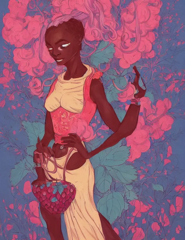 Prompt: black - skinned princess of the strawberry cream valley. this heavily stylized gouache painting by an indie comic artist has interesting color contrasts, plenty of details and impeccable lighting.