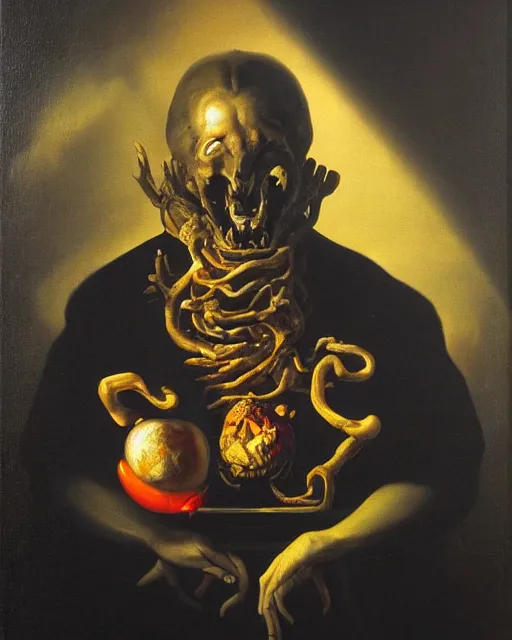 Prompt: refined gorgeous masterwork oil painting with black background by christian rex van minnen rachel ruysch dali todd schorr of a chiaroscuro portrait of an extremely bizarre disturbing mutated man with shiny skin acne dutch golden age vanitas intense chiaroscuro cast shadows obscuring features dramatic lighting perfect composition masterpiece