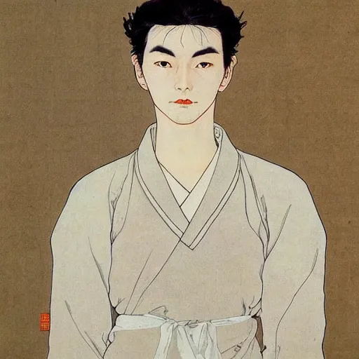 Prompt: painting of grumpy handsome beautiful man in his 2 0 s named min - jun in a french female maid outfit, modern clothing, elegant, clear, painting, stylized, delicate facial features, soft, art, art by takato yamamoto and egon schiele combined
