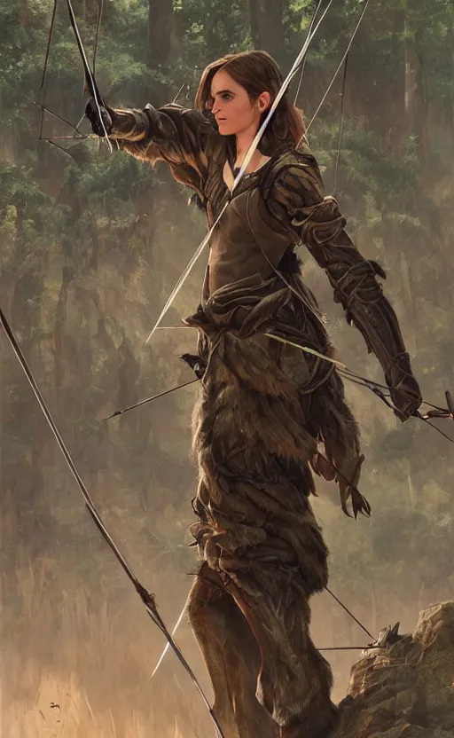 Image similar to portait of a emma watson archer shooting arrow at forest monster, front game card, drark, marvel comics, dark, intricate, highly detailed, smooth, artstation, digital illustration by ruan jia and mandy jurgens and artgerm and wayne barlowe and greg rutkowski and zdislav beksinski