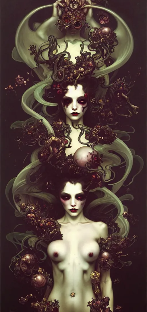 Image similar to baroque oil painting of full body vampire princess portrait, by nekro, peter mohrbacher, alphonse mucha, brian froud, yoshitaka amano, kim keever, victo ngai, james jean