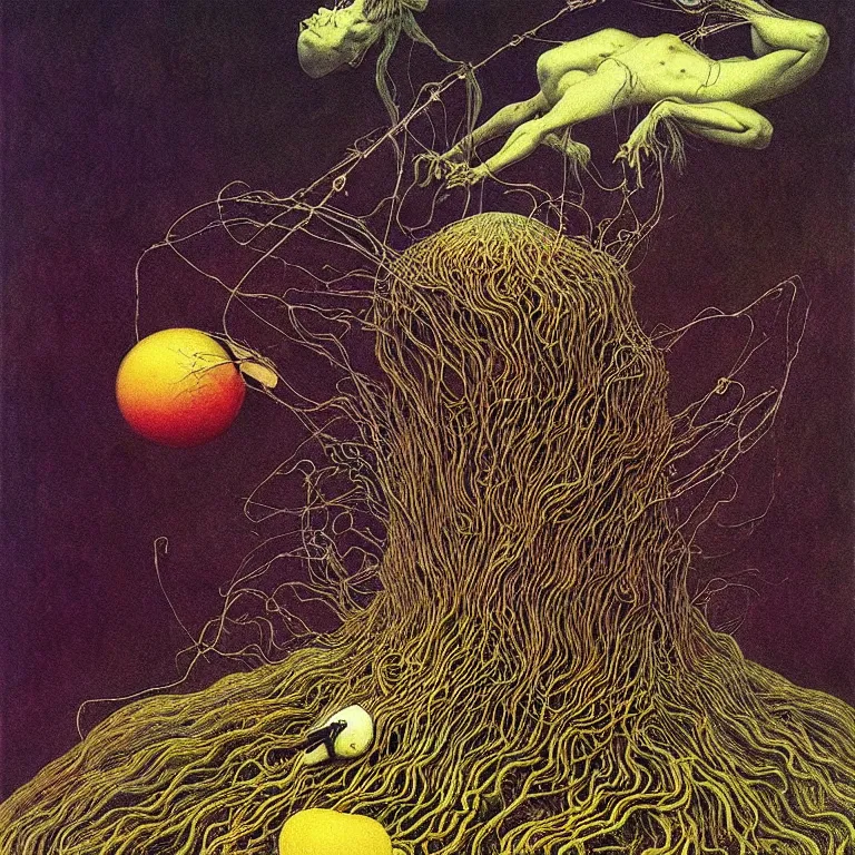 Prompt: Kombucha flies in cosmos. Extremely high details, realistic, fantasy art, solo, masterpiece. Art by Zdzisław Beksiński, Arthur Rackham, Dariusz Zawadzki