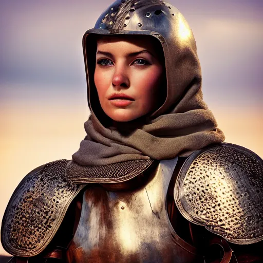 Prompt: head and shoulders portrait of a female knight, worked leather armor, steppe nomad, photography by jimmy nelson, dramatic mountain background, golden hour, hq