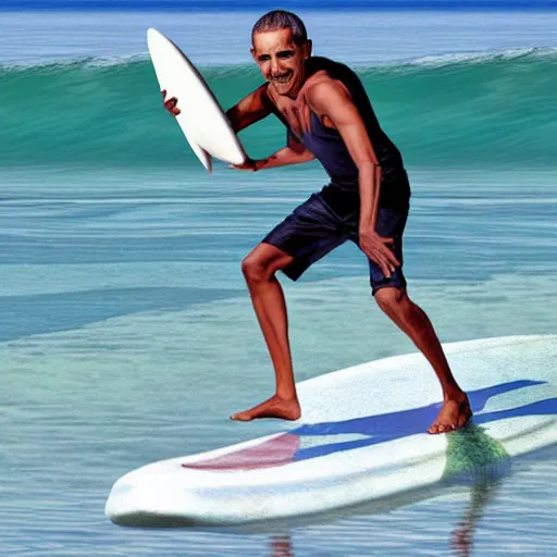 Prompt: obama surfing in rough water, holding a drink, vacation photo, high detail realistic