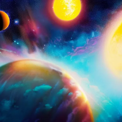 Prompt: a detailed matte painting of a marble - like water planet with continents orbiting a yellow sun in a sea of stars surrounded by colorful swirling gas clouds, by petros afshar and greg rutkowski trending on artstation, deviantart, planet, clouds, earth, exoplanet, stars, nubulae hubble, 8 k, 4 k