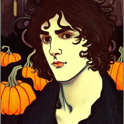 Image similar to painting of young cute handsome beautiful dark medium wavy hair man in his 2 0 s named shadow taehyung at the halloween pumpkin matcha party, straight nose, depressed, melancholy, autumn, elegant, clear, painting, stylized, delicate, soft facial features, delicate facial features, soft art, art by alphonse mucha, vincent van gogh, egon schiele