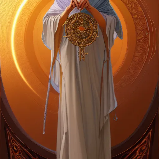 Prompt: character concept portrait of the oracle, a modest woman blessed by god to divine the future, tall and virtuous, symmetry, modestly clothed, intricate, elegant, highly detailed, digital painting, artstation, concept art, smooth, sharp focus, illustration, art by gaston bussiere and alphone mucha