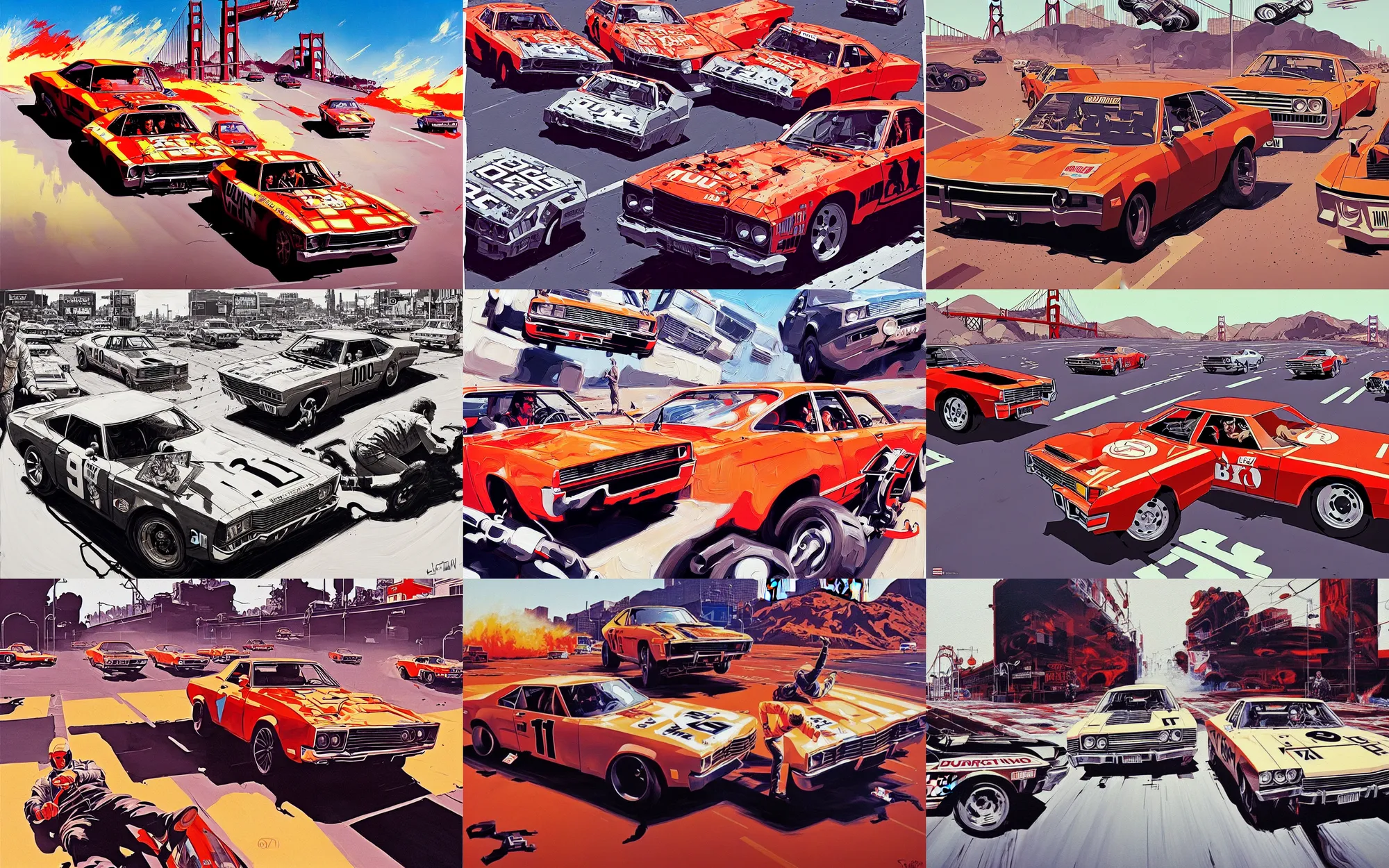 Prompt: a stunt driver racing steve mc queen as bullit through san francisco in 1 9 7 0, 3 point perspective, quentin tarantino action shot, painting by james jean, rust and dust and fire and dirt, very asphalt