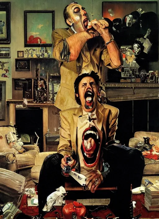 Image similar to nicholas cage screaming about crazy evil in his own living room, painted by norman rockwell and phil hale and tom lovell and frank schoonover