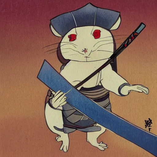 Image similar to japanese hamster samurai. with long sword. anime art. painting. sacura forest on background