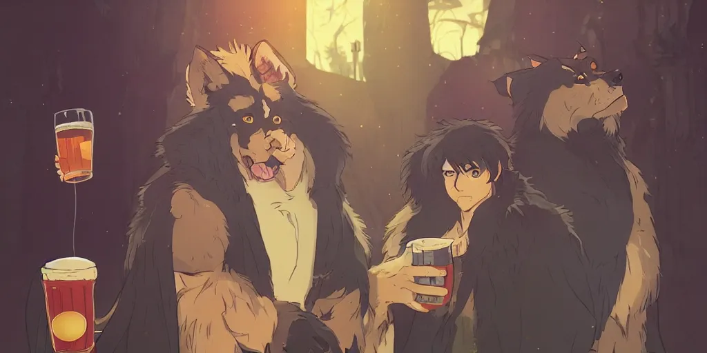 Image similar to a two german shepherds beast - men, holding a mug of beer, a lot of pockets, fur cape, tavern background, magical, bright, colorful, fantastic lighting, amazing details, 4 k uhd, illustration by hayao miyazaki and makoto shinkai and ilya kuvshinov, artstation, pixiv,