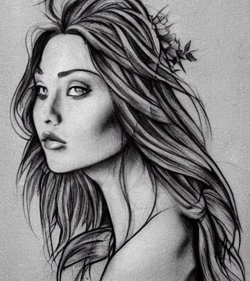 Image similar to tattoo design sketch of a beautiful woman face against a background of beautiful mountains and nature, hyper - realistic, in the style of den yakovlev, amazing detail, black and white