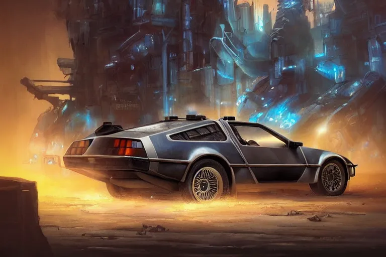 Prompt: a delorean, in Mad Max style, coriolios rpg art style, full of details, dark sci-fi, cold blue colors, matte painting, artstation, 8k, hyperrealistic, style of peter mohrbacher