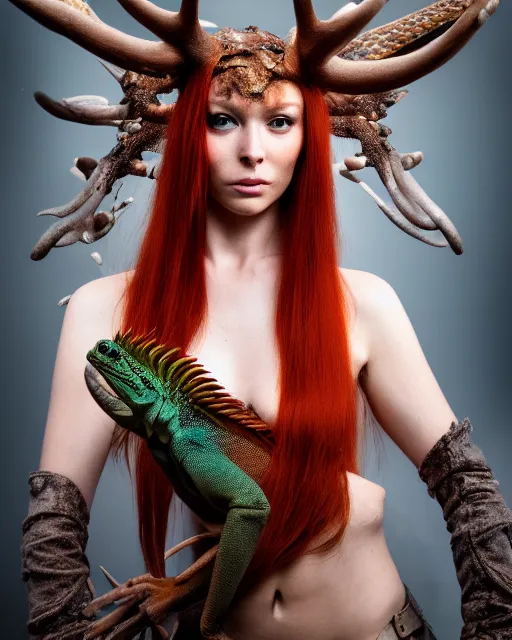 Prompt: 5 5 mm portrait photo of an armored redhead woman with ( antlers on her head ) and a an ( iguana on her shoulder ), by luis royo. highly detailed 8 k. intricate. lifelike. soft light. nikon d 8 5 0. cinematic post - processing