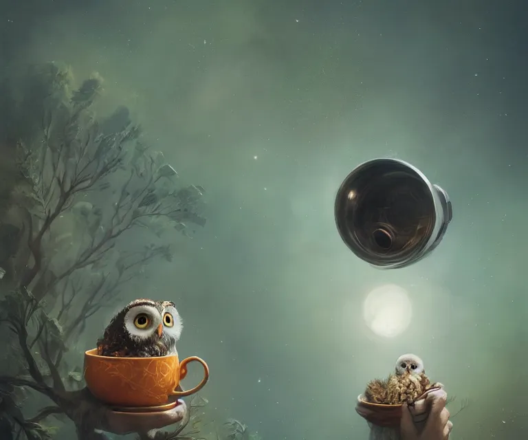 Image similar to long shot of a very cute owl chick nesting in a very futuristic cup, esao andrews, humorous illustration, hyperrealistic, big depth of field, warm colors, night scenery, low light, 3 d octane render, 4 k, conceptart, hyperdetailed, hyperrealistic, trending on artstation