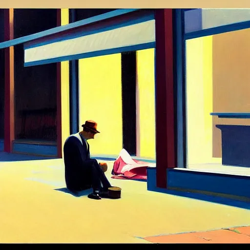 Image similar to painting of a businessman sitting in the street like a homeless person. by edward hopper and james gilleard