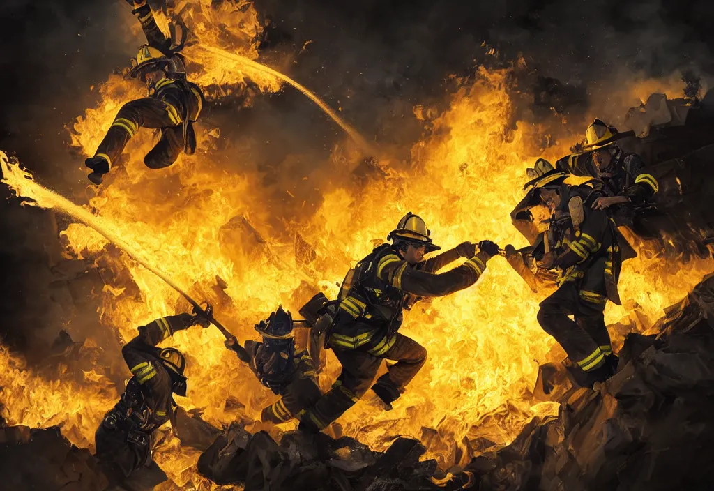 Image similar to one heroic firefighter in action in black and yellow uniform, fire flames, sharp details, sharp focus, realistic, highly detailed, illustration, by yerbol bulentayev and murat gul and pablo olivera and greg rutkowski