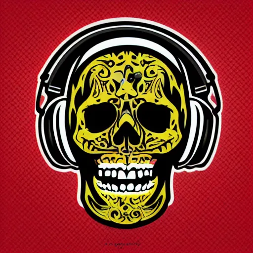 Image similar to svg vector sticker of a skull, rocking out, wearing headphones, huge speakers, dancing, rave, DJ, spinning records, digital art, amazing composition, rule-of-thirds, award-winning, trending on artstation, featured on deviantart