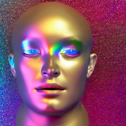 Image similar to 3d render of holographic human robotic head made of glossy iridescent, surrealistic 3d illustration of a human face non-binary, non binary model, 3d model human, cryengine, made of holographic texture, holographic material, holographic rainbow, concept of cyborg and artificial intelligence