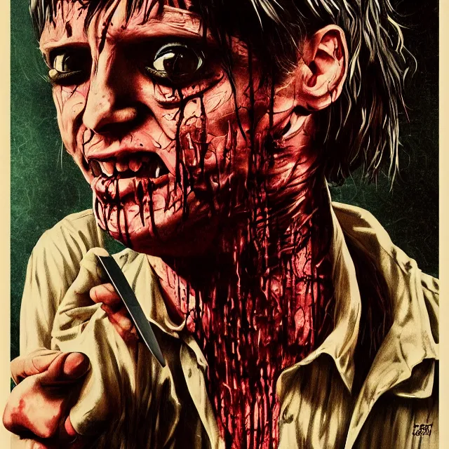 Image similar to realistic portrait of a psycho with a knife on a 1 9 8 0 s horror movie poster, vintage 8 0 s print, detailed, scary, horror, screen print, trending on artstation