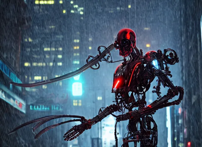 Image similar to 3 5 mm portrait photo of general grievous with heavy duty biomechanical cybernetic body with 4 arms holding 4 activated red lightsabers in the city in the rain. cyberpunk horror style.