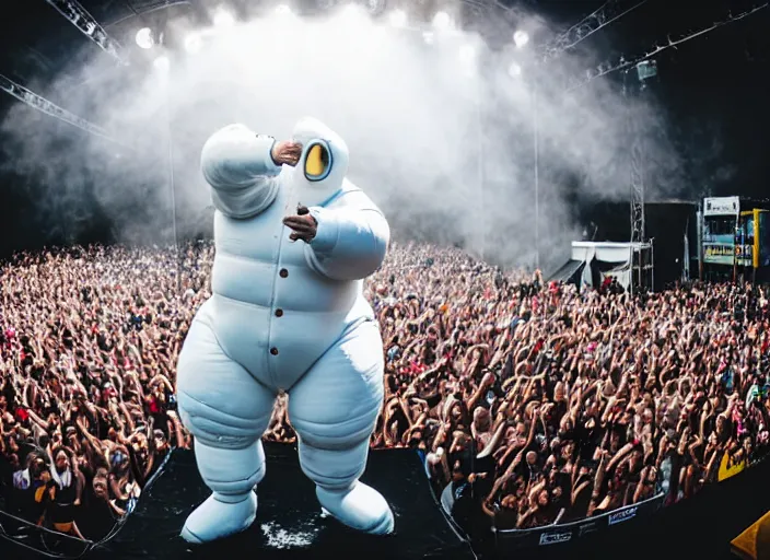 Image similar to photo still of the michelin man on stage at vans warped tour!!!!!!!! at age 3 8 years old 3 8 years of age!!!!!!! stage diving into the crowd, 8 k, 8 5 mm f 1. 8, studio lighting, rim light, right side key light