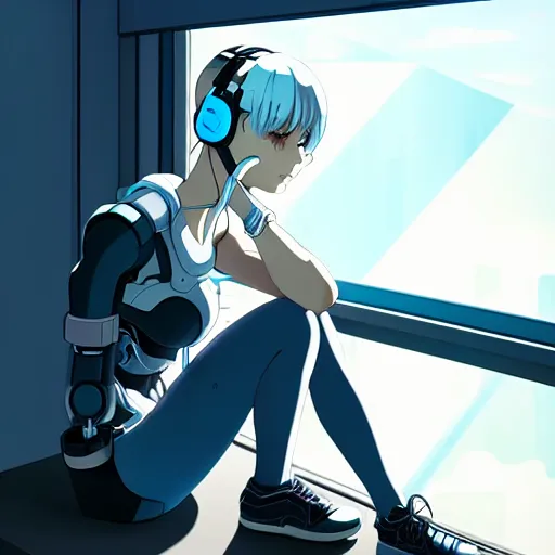 Image similar to cyborg - girl with silver hair, wearing headphones, and sitting on a window sill, highly detailed, painting, dark blue and black color palette, intricate, high quality anime artstyle, in the style of makoto shinkai