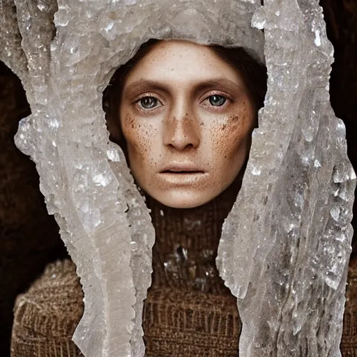 Image similar to full shot of a regal brown woman wearing an intricate armor made of many layers of ice. no makeup!! freckles!! haunting eyes. vulnerable. fragile. ethereal. elaborate. ice caves. glaciers. refracted light. extremely soft lighting. textures. delicate. translucent. by ray cesar. by louise dahl - wolfe. by andrea kowch. surreal photography.