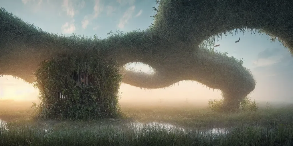 Image similar to a organic house structure made of strange plants, located in a swamp at sunrise, (mist), ultra wide angle, moebius, chillwave, futuresynth, door, windows, fireflies