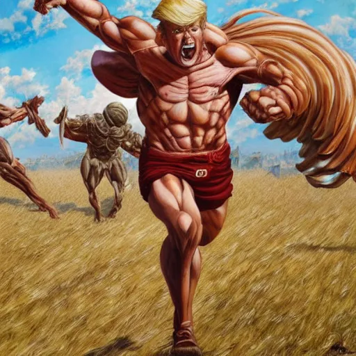 Prompt: detailed wide shot of donald trump as a titan from attack on titan anime intricate in a field running, hyper detailed, realistic, oil painting, by julie bell, frank frazetta, cinematic lighting