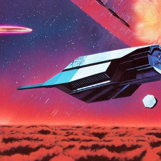 Prompt: starship destroyed by laser beam shot by another starship, 1 9 8 0 s concept art, vintage, high saturation colors, high quality, hand drawn