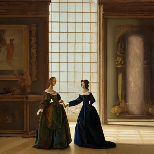 Image similar to fine art, oil on canvas. two women in a vast castle lobby wearing fine clothes, two are women talking close to the windows far from the first two. dark room with light coming through the right side of the place. baroque style 1 6 5 6. high quality recreation of illumination shadows and colors, no distortion on subject faces.