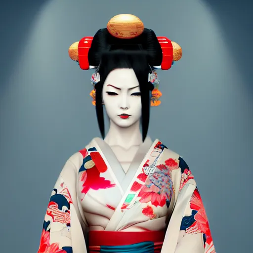 Image similar to an android geisha in a lotus position wearing a flowing kimono and tattoos, octane render, unreal engine, 8 k, cinematic, artwork by ilya kuvshinov