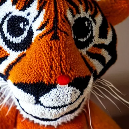 Image similar to a closeup photorealistic smiling knitted plush tiger from calvin and hobbes.