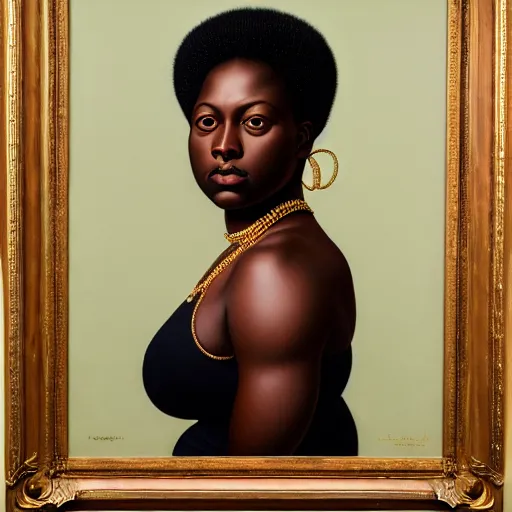 Prompt: A portrait of a thick powerful and gorgeous non-binary person, dark black skin tone, oil painting by Kehinde Wiley, majestic, detailed, high resolution