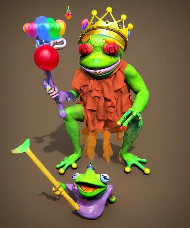 Image similar to clown frog king pulls the sword from the stone, clown frog king wearing clown makeup and rainbow wig, clown crown artwork by Todd Schorr, 3D rendering by Beeple