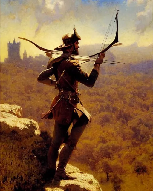 Image similar to attractive crossbowman watches an army approach, he is on a castle wall, painting by gaston bussiere, craig mullins, j. c. leyendecker