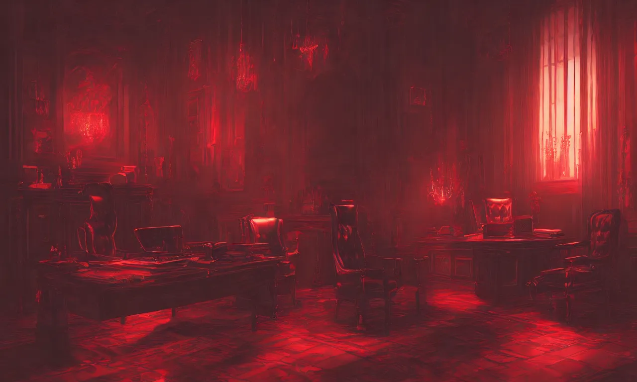 Image similar to demonic executive office with high back chair with onyx finishes, by asher brown durand, trending on artstation, 8 k resolution, red lights, cyberpunk, demonic symbols