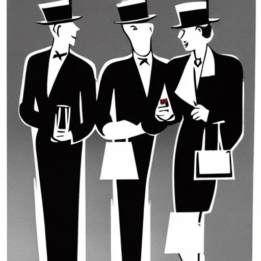 Image similar to business people standing at the bar in 1 9 4 0, top hats, business suits, beer, art deco style, simple shapes