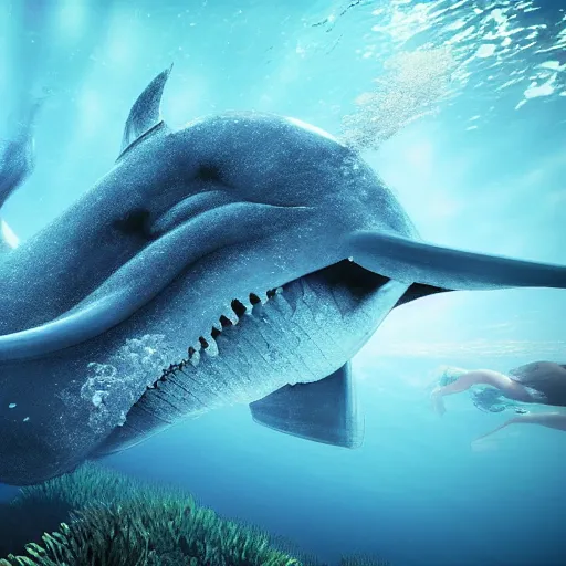 Prompt: blue whale being eaten by a cyclops underwater blue glow seaweed tiny fish wide angle unreal engine