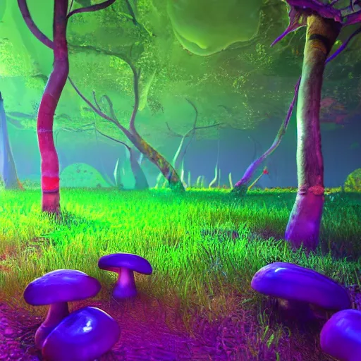 Image similar to A realistic strange neon lanscape, realistic, 4k resolution, detailled, realistic shaders, neon mushrooms, mushrooms particles, painting, forests, strange neon plants, realistic, detailled.