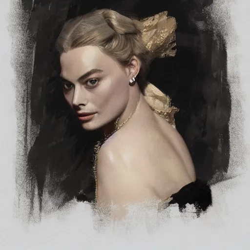 Image similar to portrait of Margot Robbie, antebellum dress, b&w shading, by Ilya Repin, and Greg Rutkowski