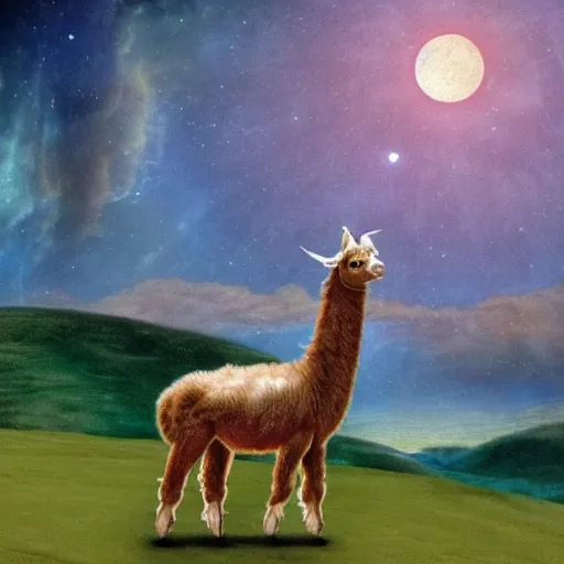 Image similar to renaissance painting of a llama in a large observatory looking for extraterrestrials