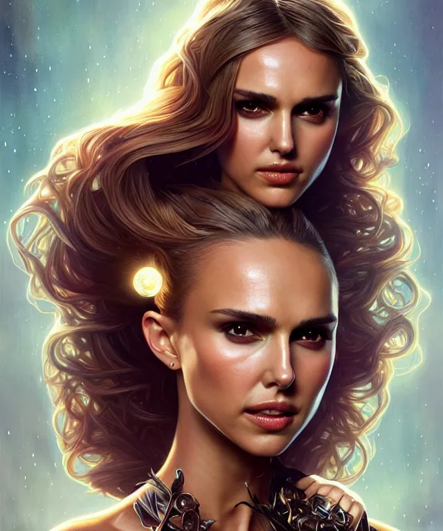 Image similar to Nathalie portman as jessica alba fantasy magic woman portrait, sci-fi, amber eyes, face, long hair, fantasy, intricate, elegant, highly detailed, digital painting, artstation, concept art, smooth, sharp focus, illustration, art by artgerm and greg rutkowski and alphonse mucha