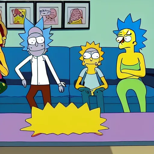 Image similar to Rick & Morty starring in the simpsons couch-gag