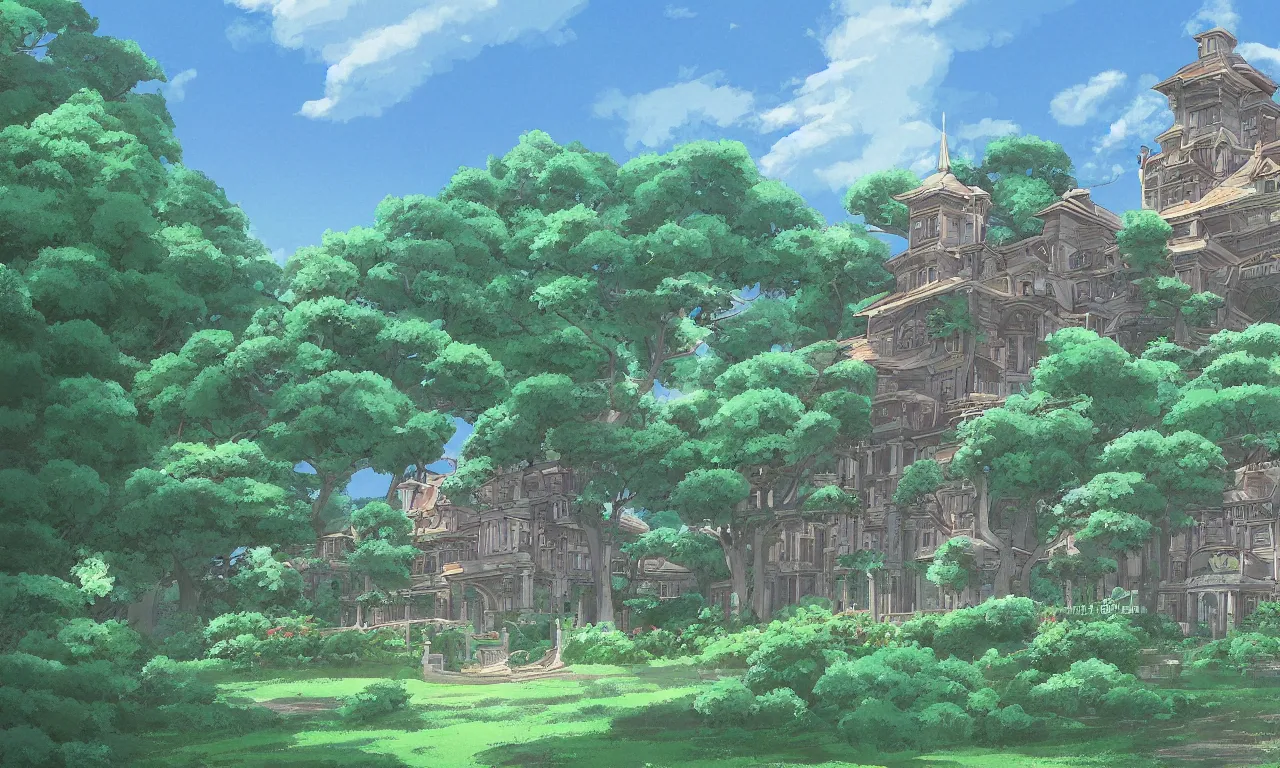 Prompt: a beautiful digital painting of a mansion in the serene landscape by Studio Ghibli