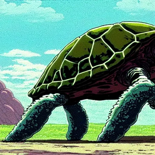 Image similar to a still from princess mononoke ( 1 9 9 7 ) film of a lovecraftian giant mechanized sea turtle, daytime on a baseball field. full body, wide shot, very muted colors, post grunge, studio ghibli, laurie greasley, highly detailed, deviantart, art by artgem