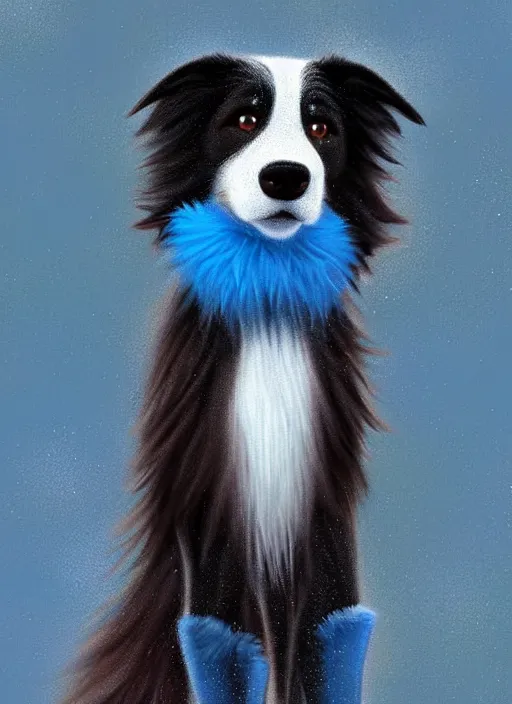 Image similar to full body digital painting of a cute male anthropomorphic border collie fursona wearing a blue dog collar and standing in the rain, furaffinity, intricate, elegant, beautiful, glamor pose, realistic proportions, highly detailed, scenic background, trending on artstation, art by charlie bowater and henry asencio and and ross tran