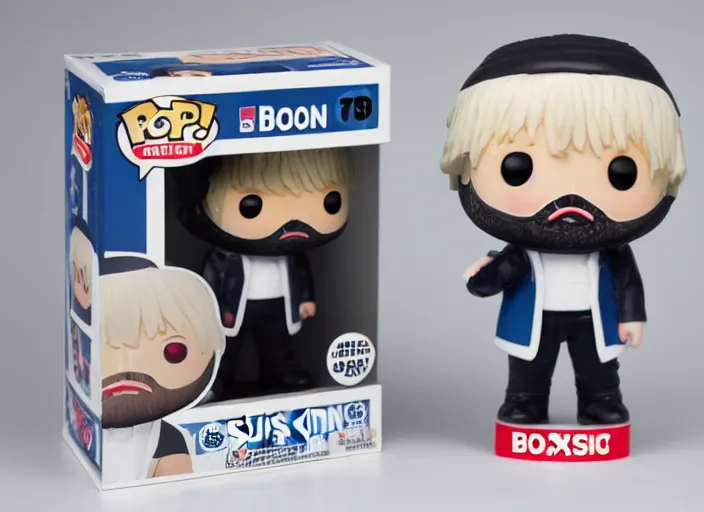 Image similar to product still of Boris Johnson funko pop with box, 85mm f1.8